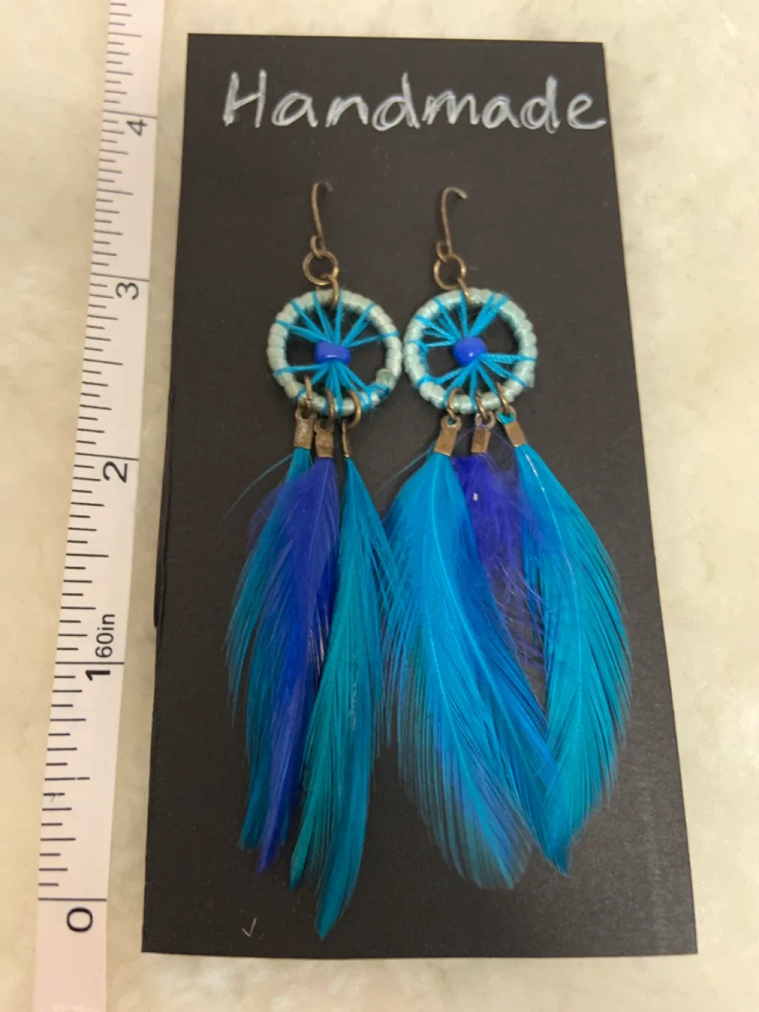 Handmade Dreamcatcher Feather Earrings - Blue image indicator(3)