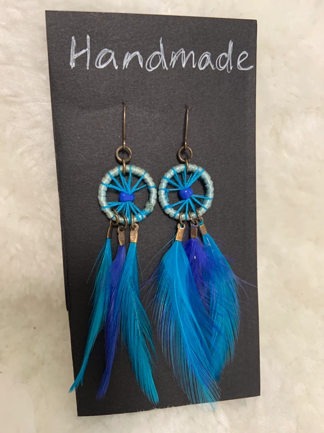 Handmade Dreamcatcher Feather Earrings - Blue