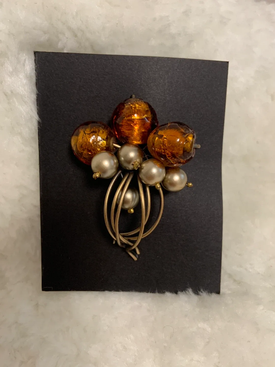 Vintage Brooch with Amber and Pearl Beads