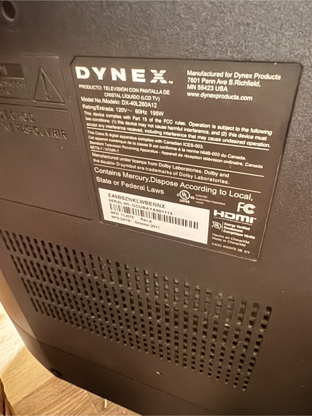 Dynex 40" LCD TV - Model DX-40L260A12 image indicator(2)