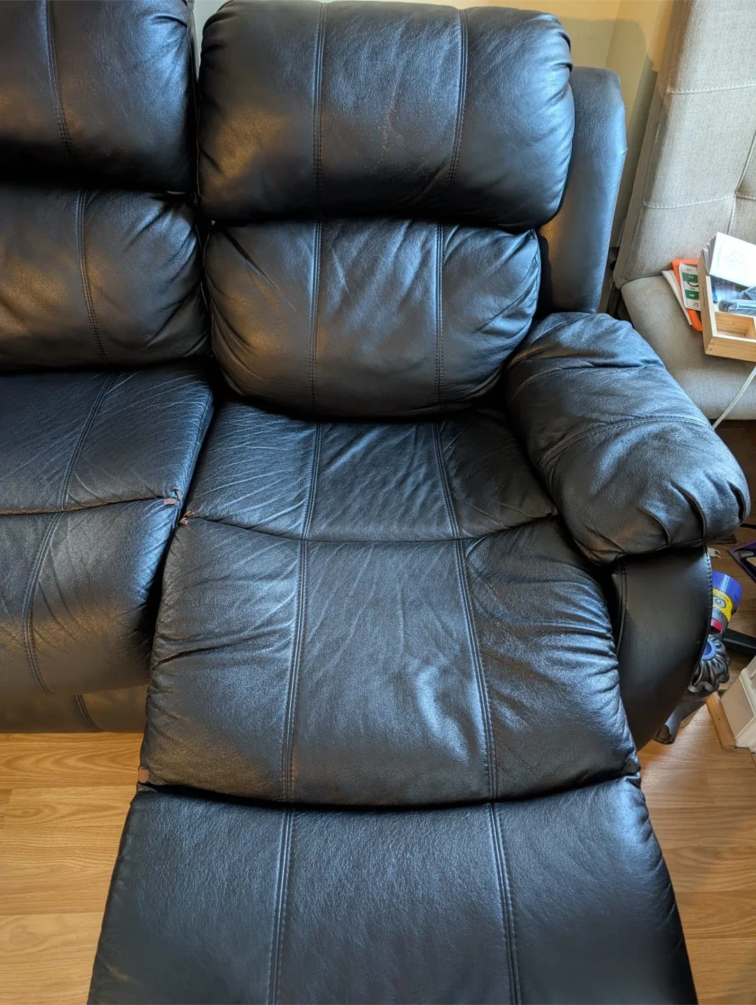 Blue Painted Wooden Dresser & Black Leather Reclining Sofa image indicator(3)