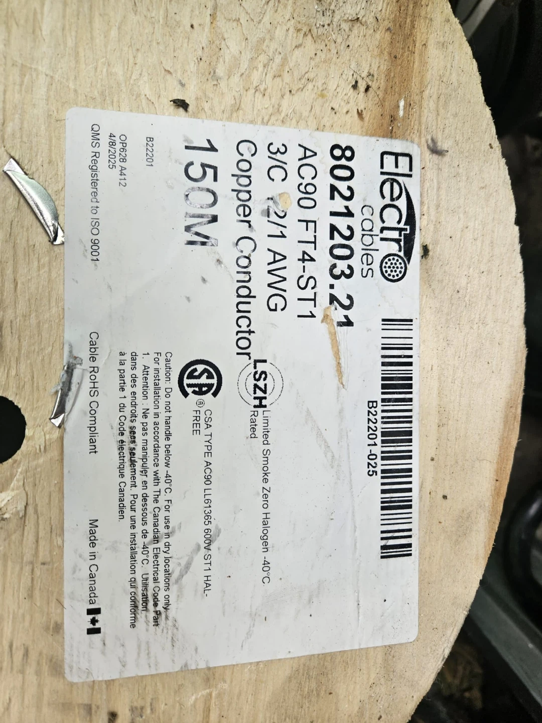 AC90 BX cable 12/3, 150 meters, 470$