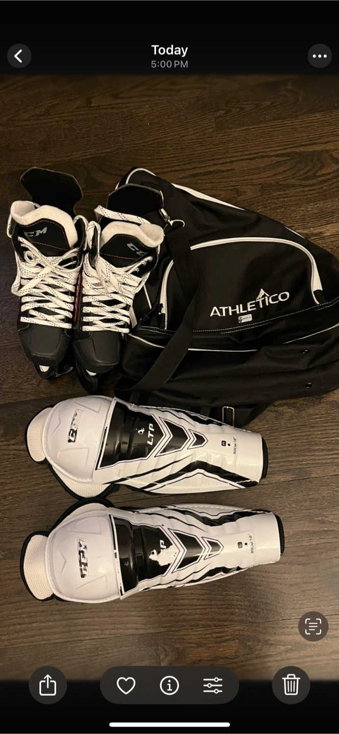 CCM Hockey Skates, Shin Guards, Athletico Bag