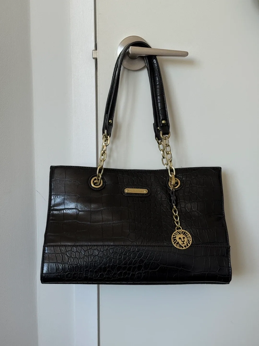 Anne Klein Black Faux Croc Chain Tote Bag image indicator(4)