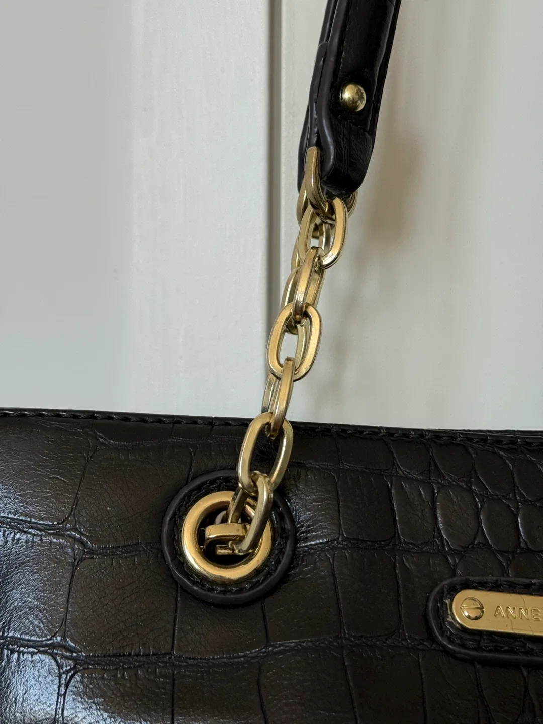Anne Klein Black Faux Croc Chain Tote Bag image indicator(3)