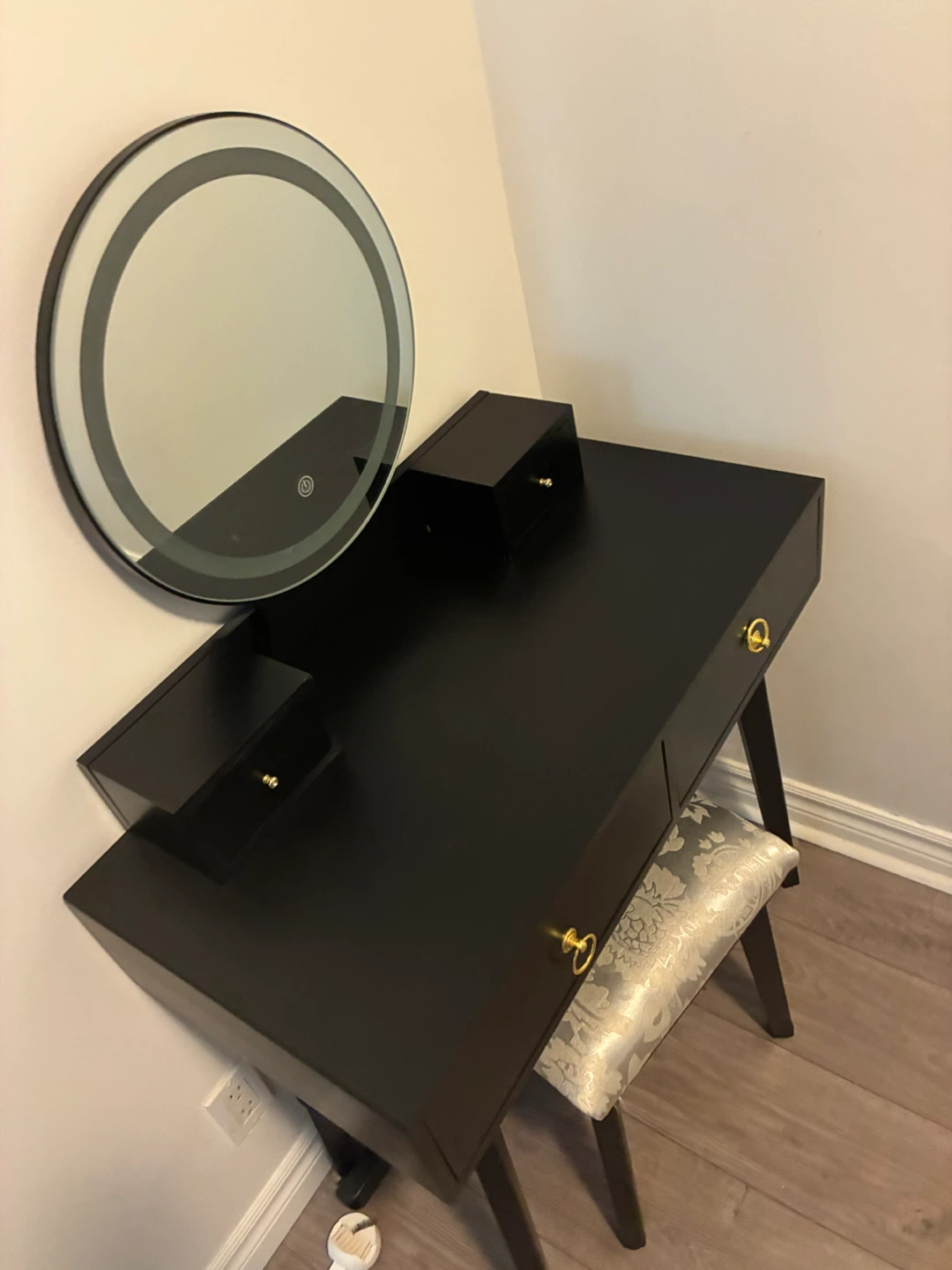 Black Vanity Table with Lighted Mirror & Stool