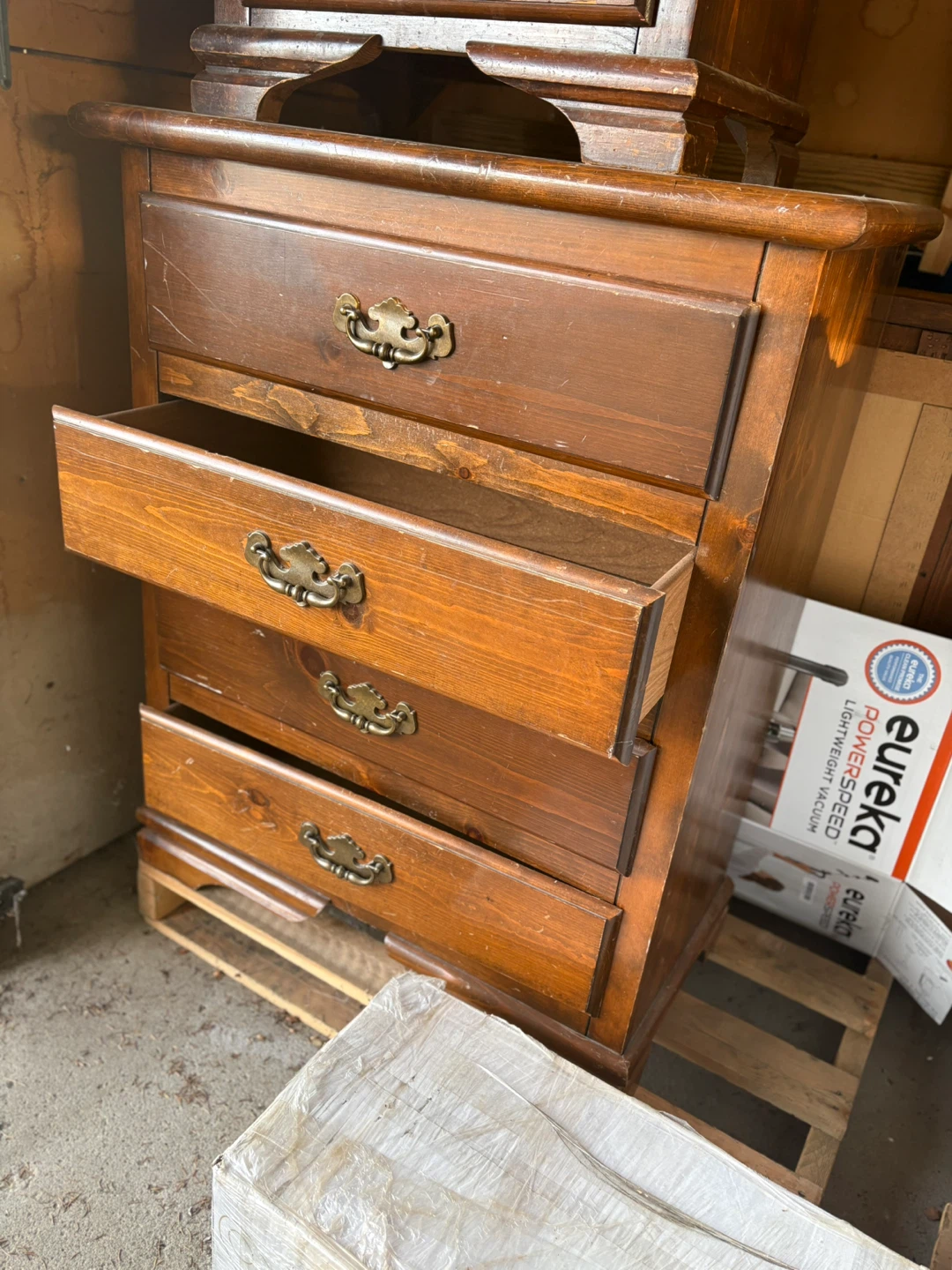 Wooden Chest of Drawers, a Bedroom Vanity, & a Nightstand