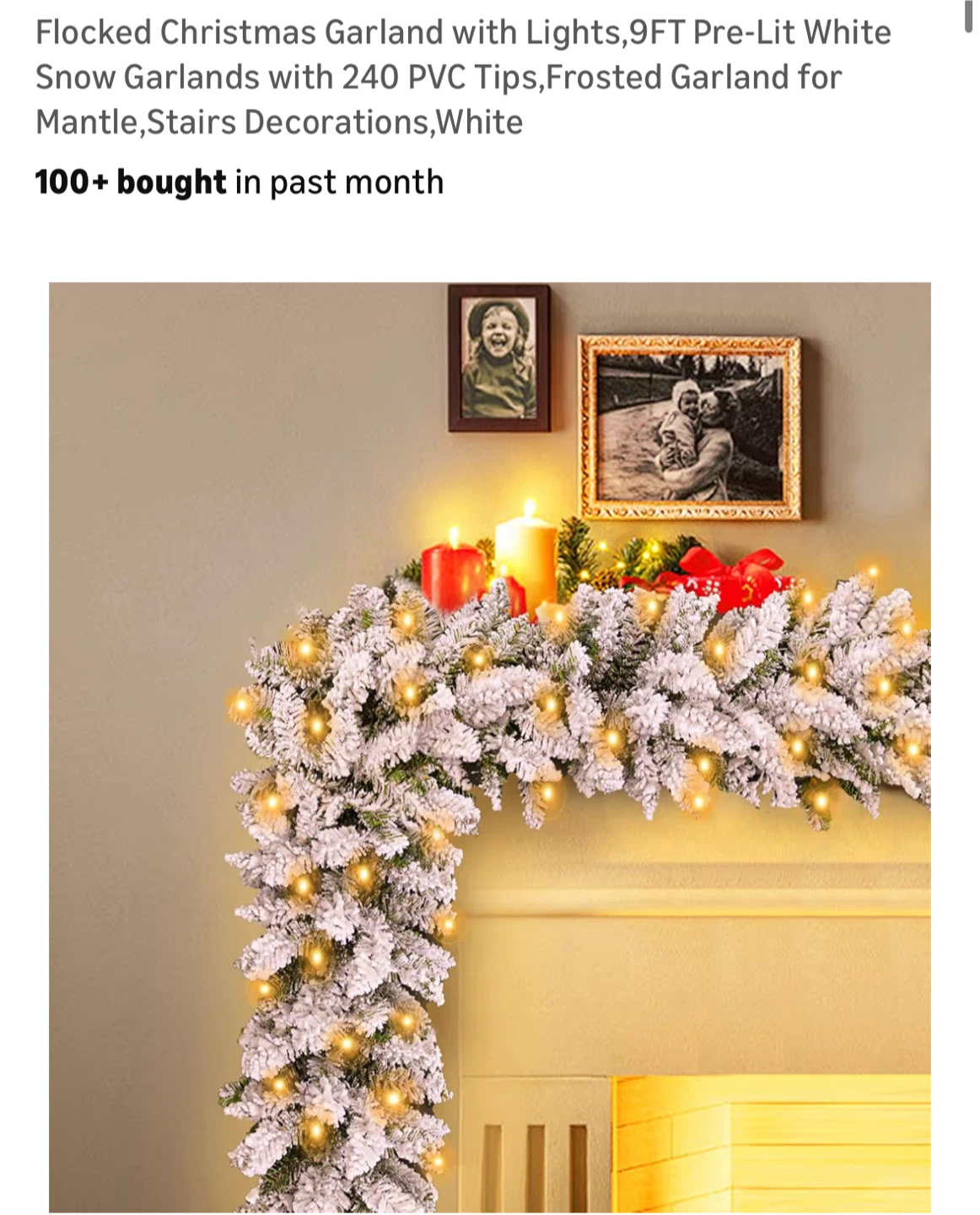 Flocked Christmas Garland with Lights, 9FT