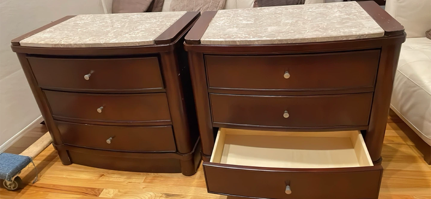 Queen bed with a Pair of Brown Nightstands with Marble Top - photo 5