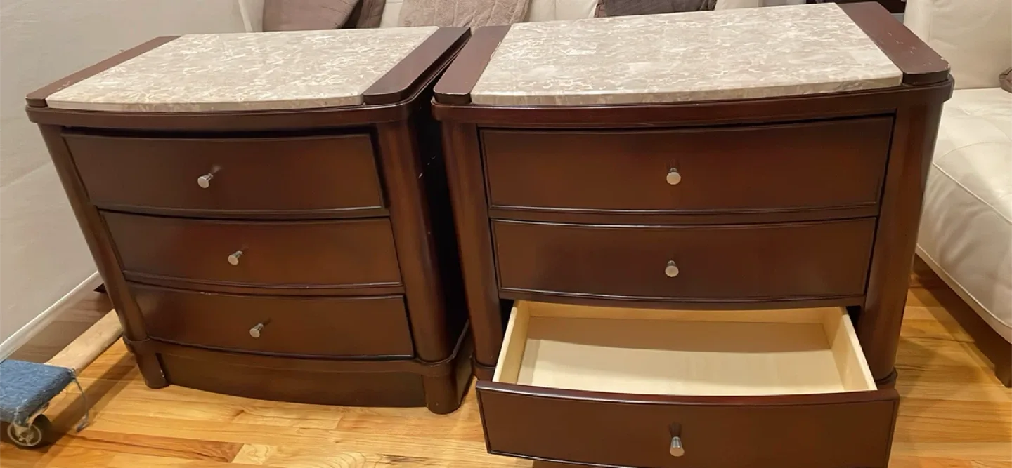 Queen bed with a Pair of Brown Nightstands with Marble Top image indicator(5)