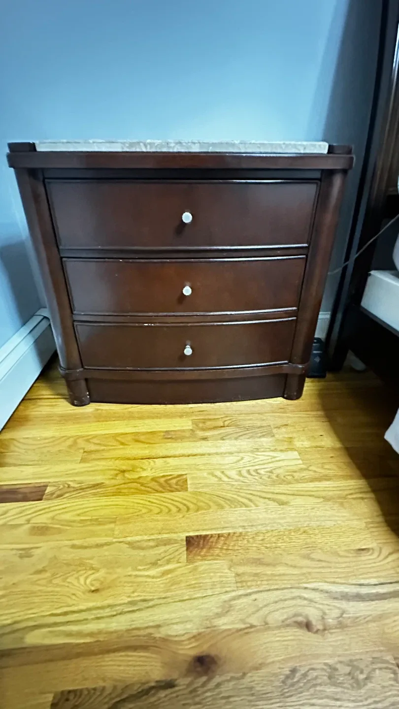 Queen bed with a Pair of Brown Nightstands with Marble Top image indicator(3)
