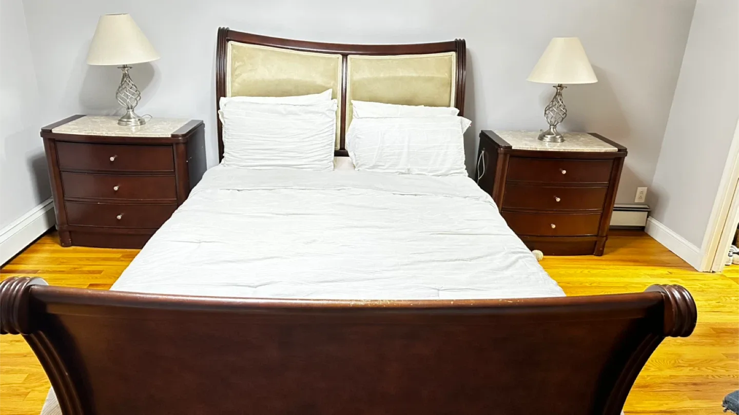 Queen bed with a Pair of Brown Nightstands with Marble Top image indicator(2)