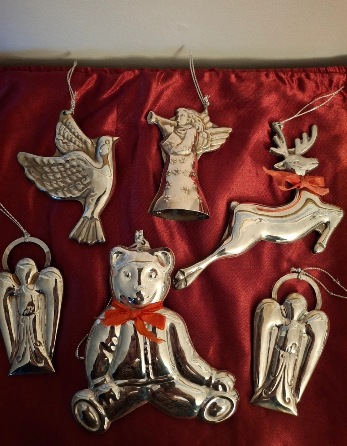 Set of 6 silver plated Christmas tree ornaments