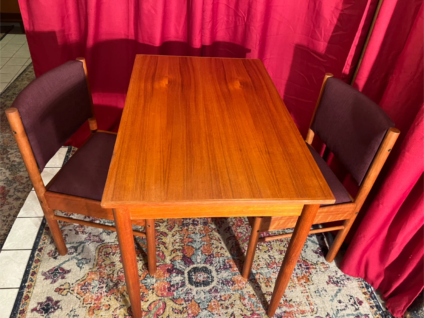 Restored petite teak table & two matching teak  chairs