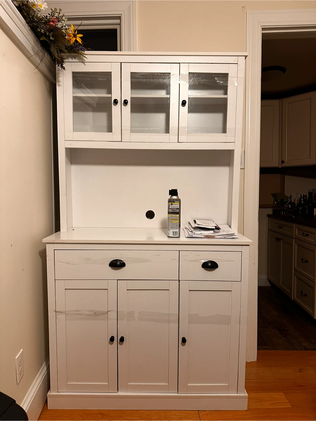 White Hutch Cabinet with Glass Doors