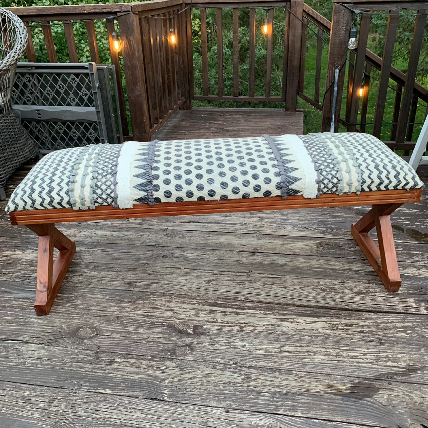 Wooden Bench with Patterned Cushion