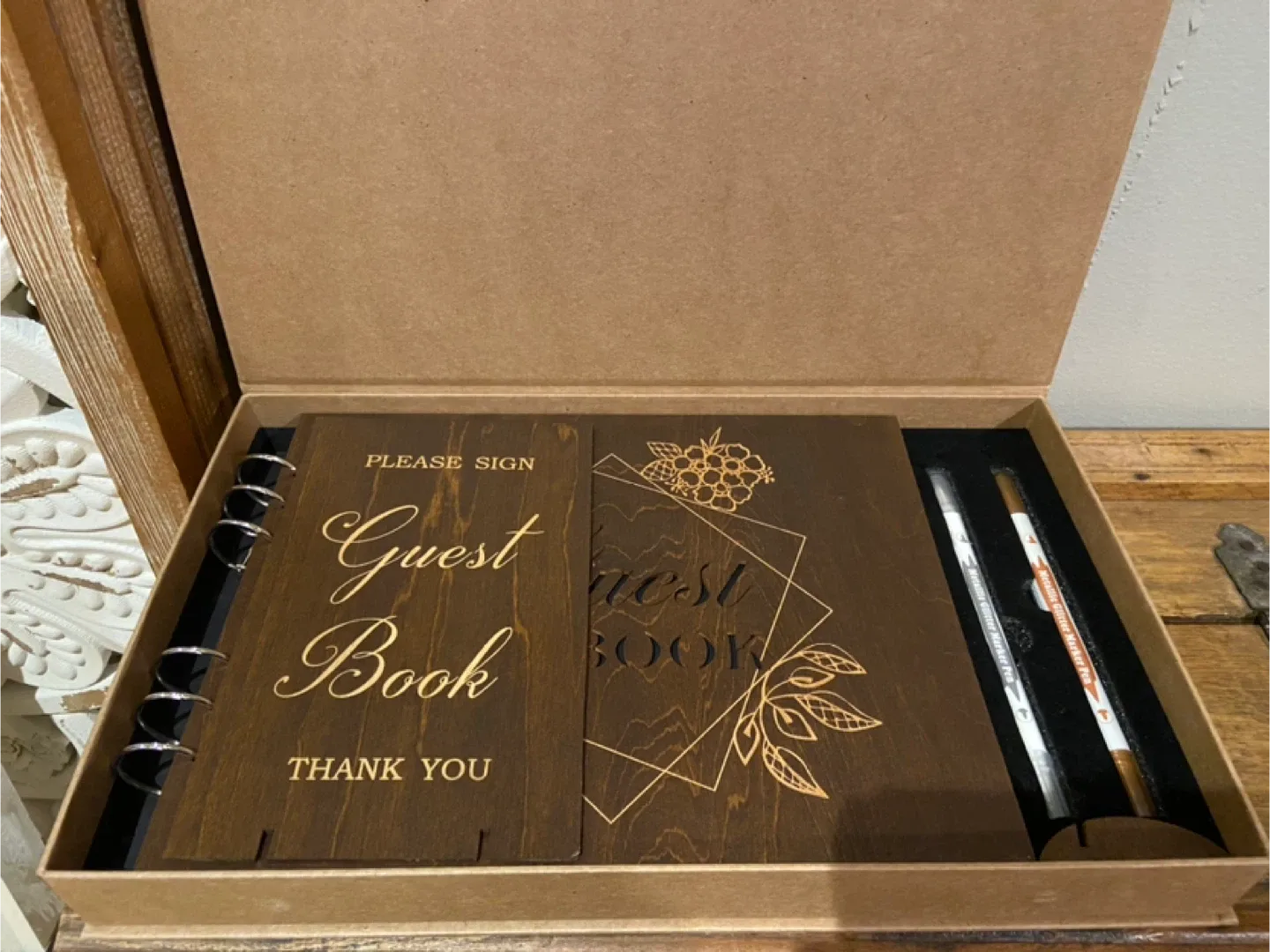 New Creawoo Wooden Wedding Guest Book, Table Sign and Pens image indicator(9)