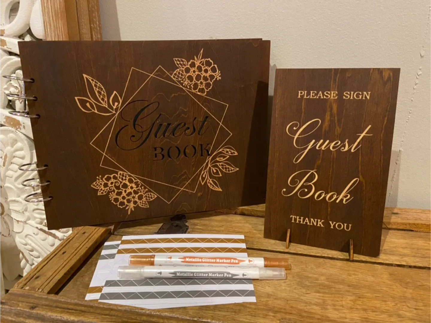 New Creawoo Wooden Wedding Guest Book, Table Sign and Pens image indicator(8)