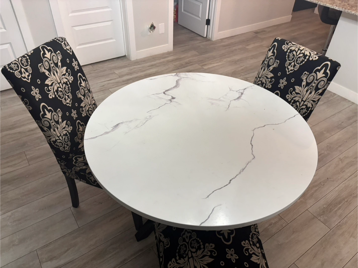 Round Dining Table with  3 Chairs - Black & White