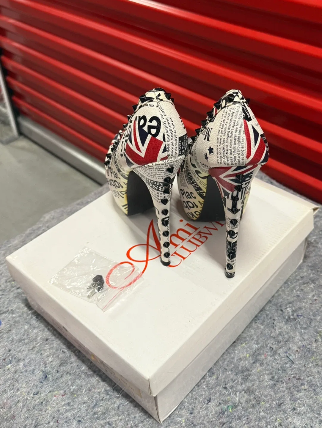 Pre-Loved Amiclubwear Newspaper Print Heels thumbnail