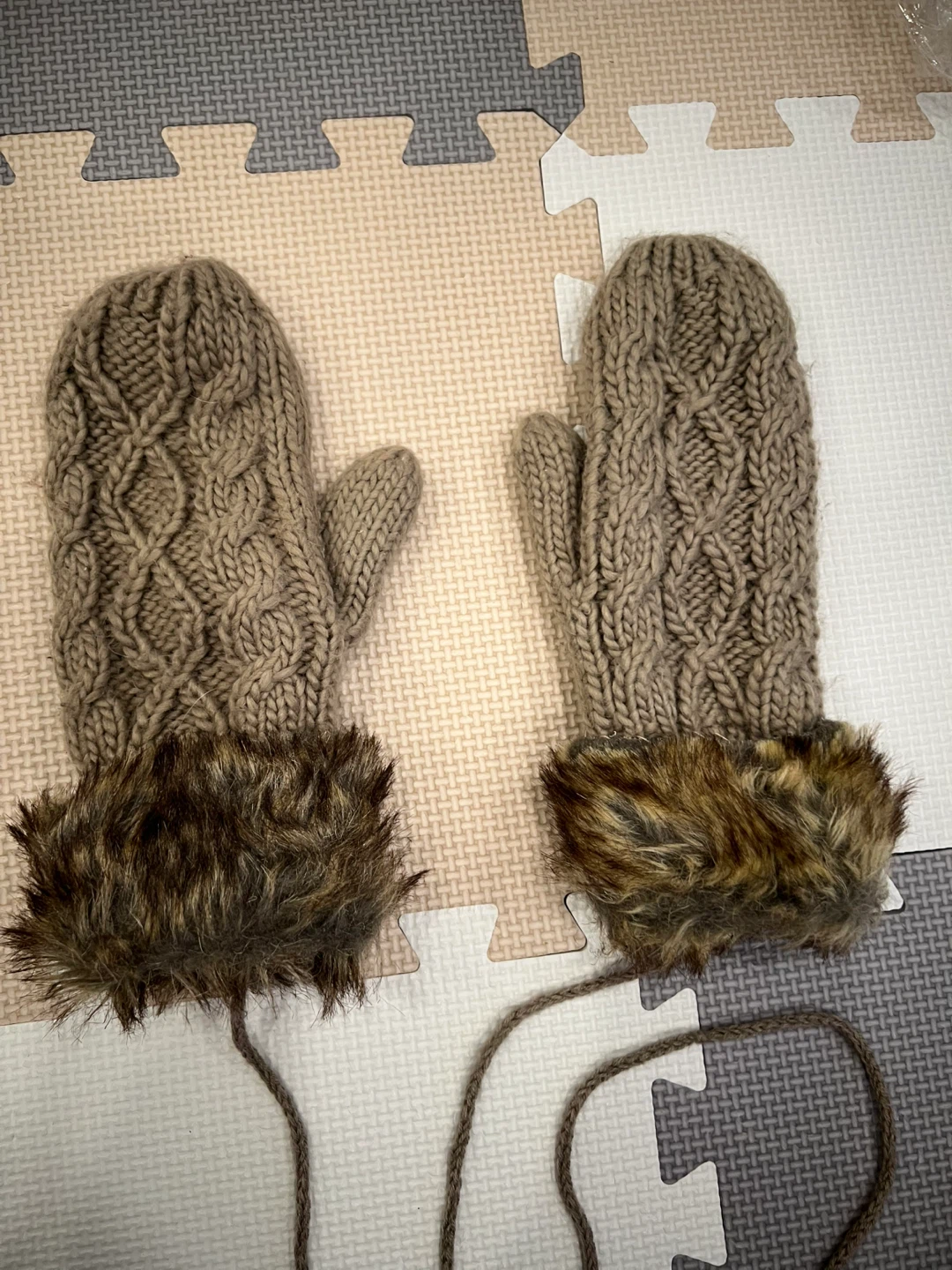 Handmade Knit Mittens with Faux Fur Trim