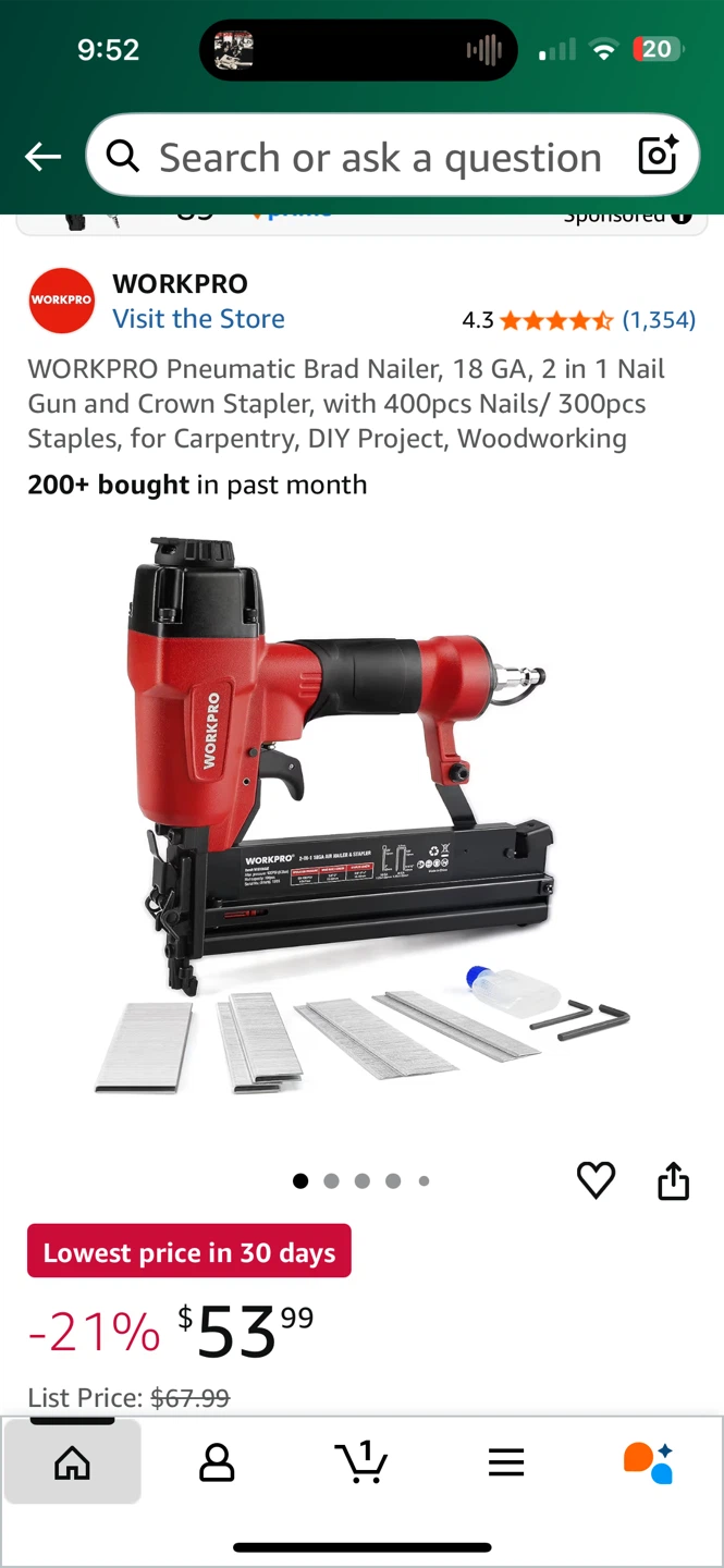 WORKPRO 18GA 2-in-1 Pneumatic Brad Nailer & Stapler