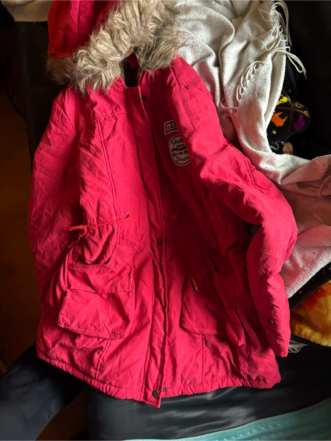 Red Winter Parka with Faux Fur Hood