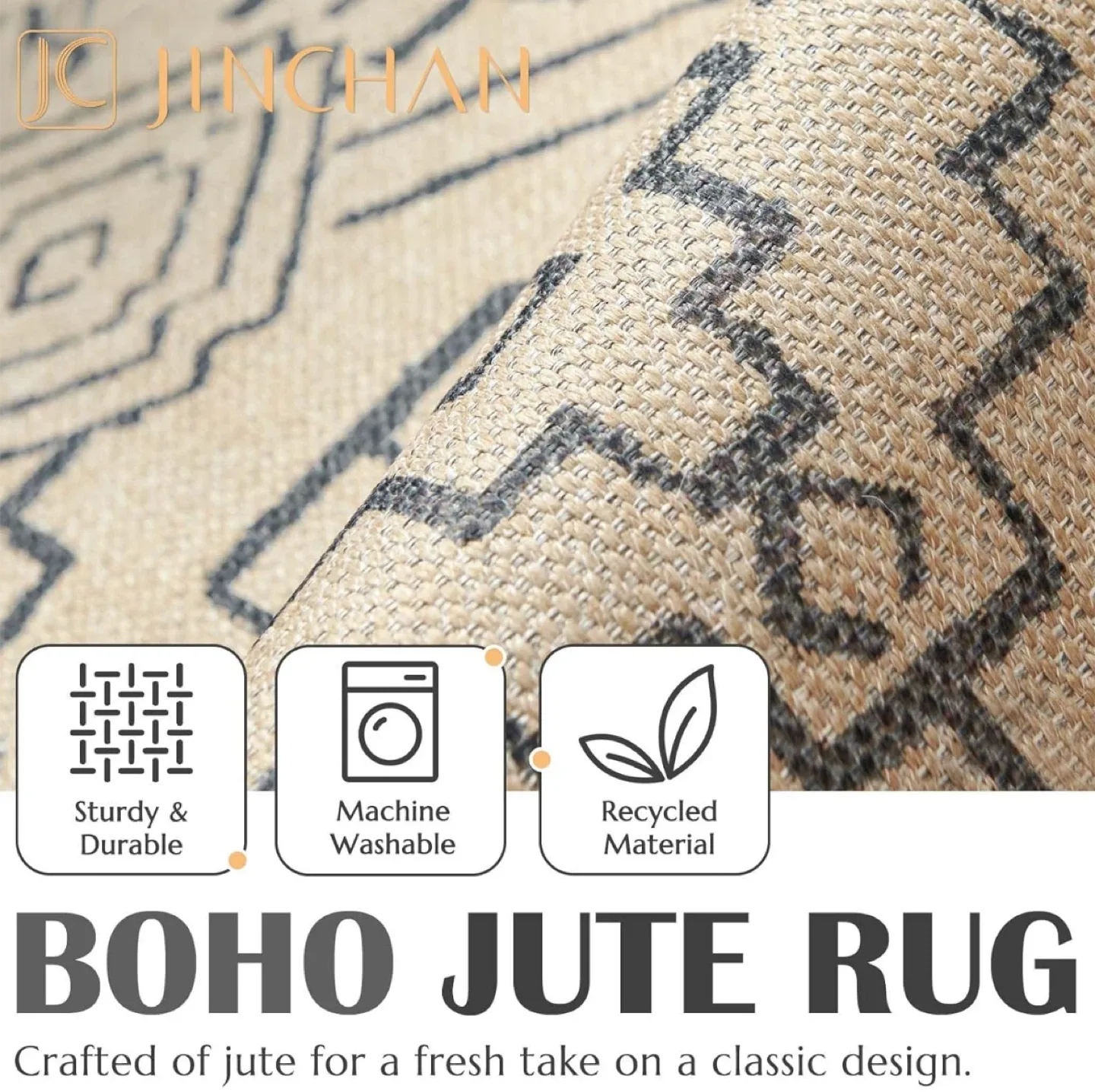 Boho Jute Rug 9x6 ft- Recycled Material, Machine Washable
