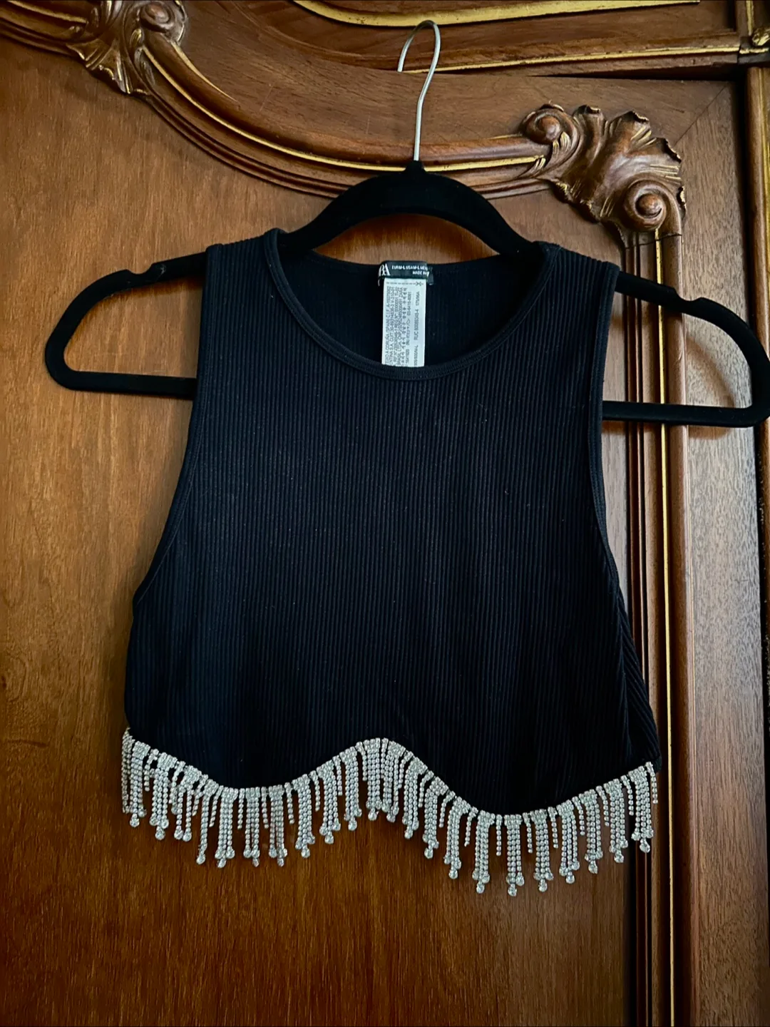 Zara Beaded Bedazzled Black Crop Top Stretch Size Medium-Large