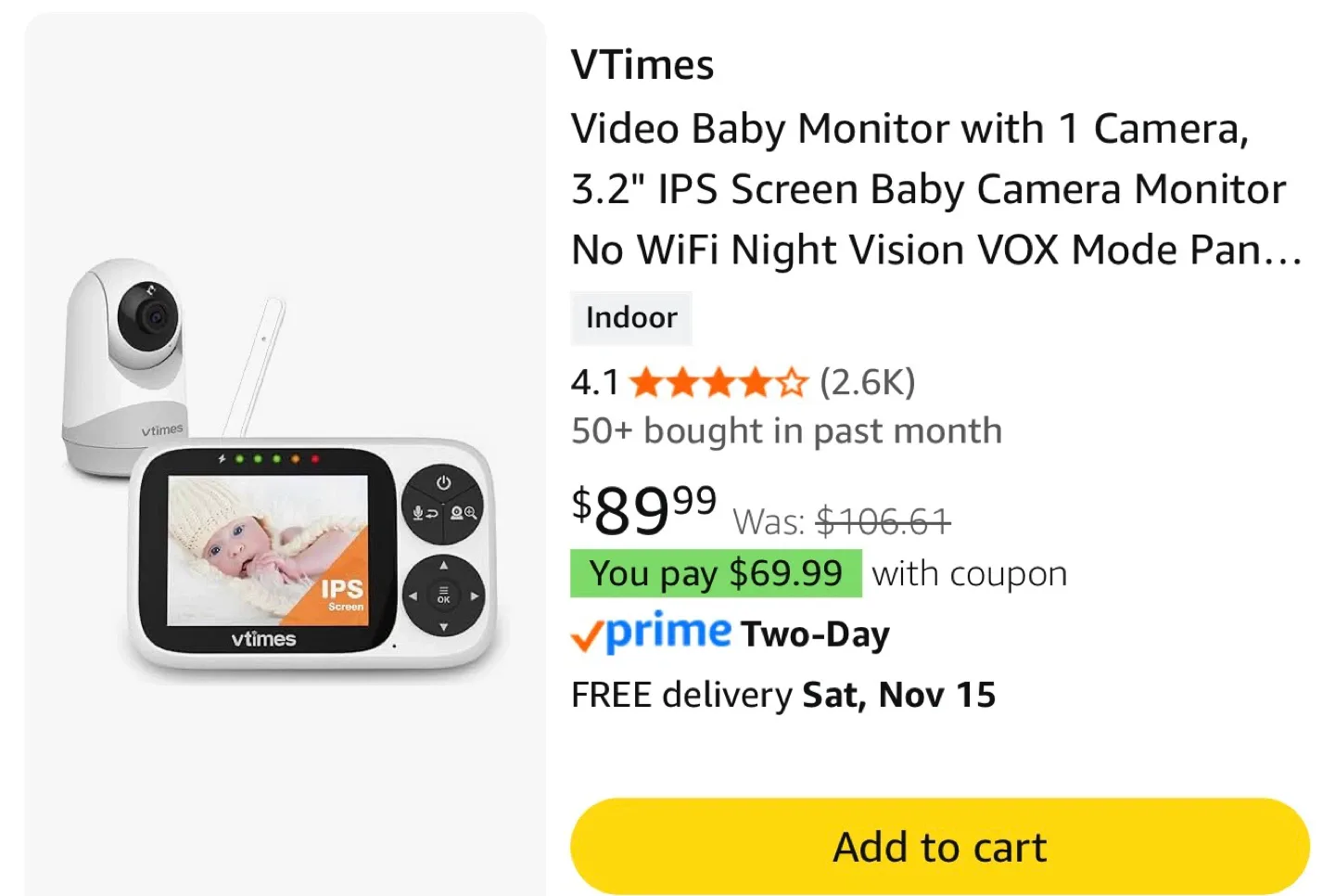 VTimes Video Baby Monitor with 1 Camera, 3.2" IPS Screen image indicator(2)