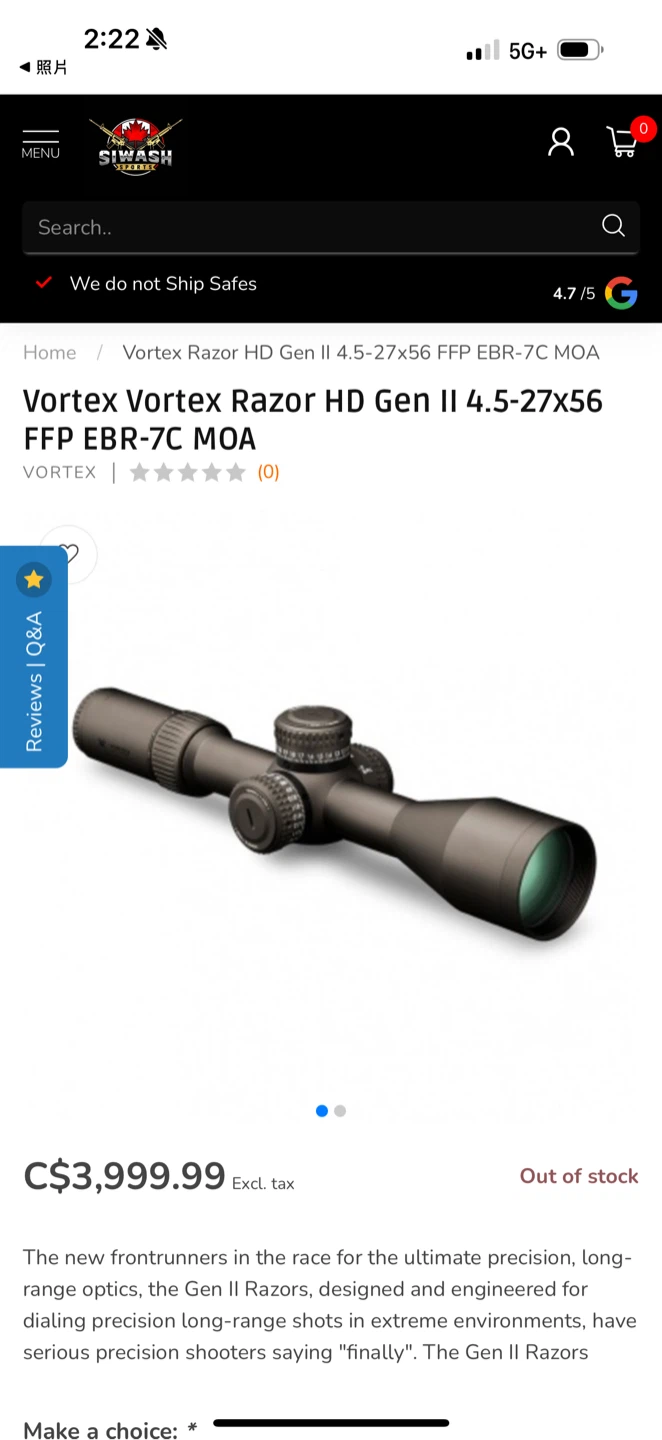 Brand new Vortex Razor HD Gen II 4.5-27x56 FFP EBR-7C MOA