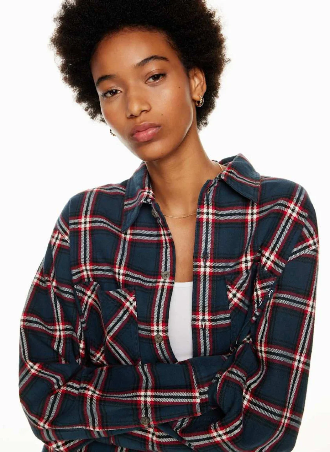 TNA Plaid Oversized Shirt - Hstn Chk Adml/D R Rd image indicator(6)