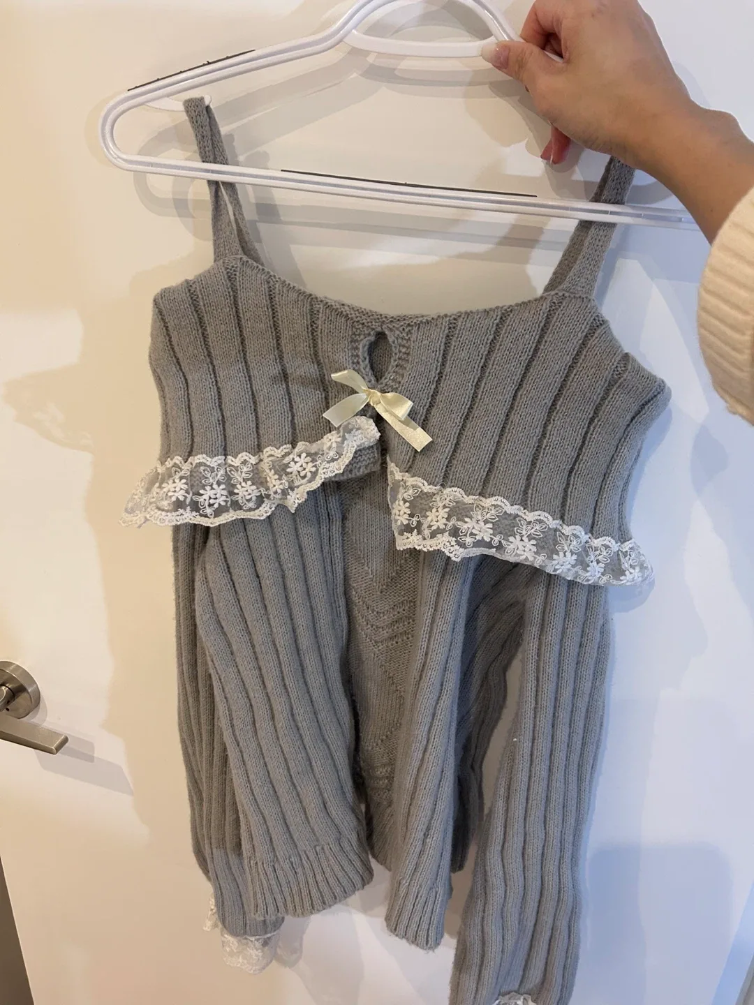 Gray Knit Top with Lace Detail