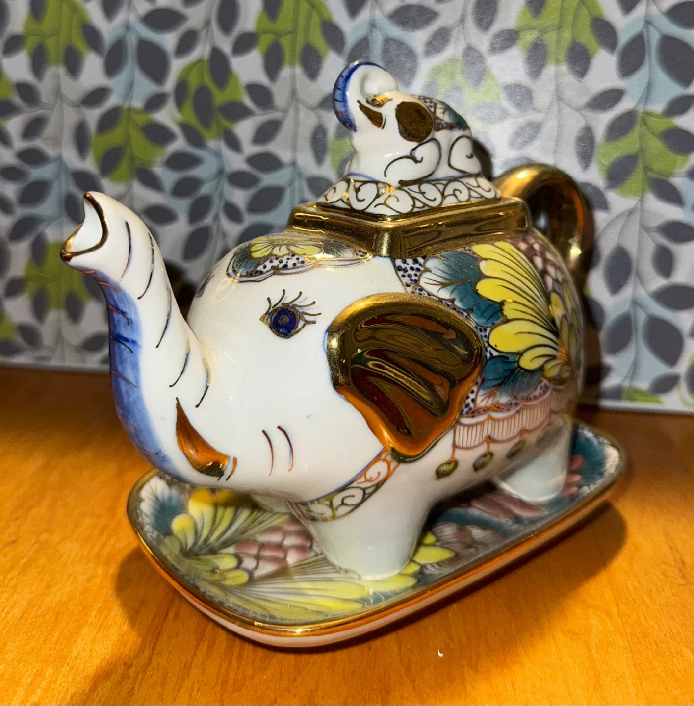 Vintage porcelain elephant tea pot with tray