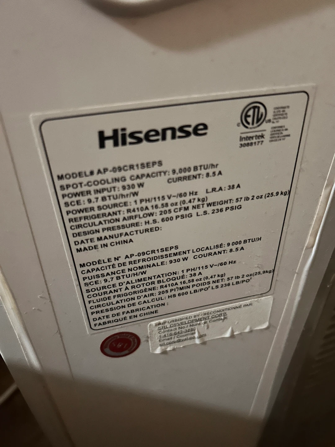 Hisense AP-09CR1SEPS Portable Air Conditioner - photo 2
