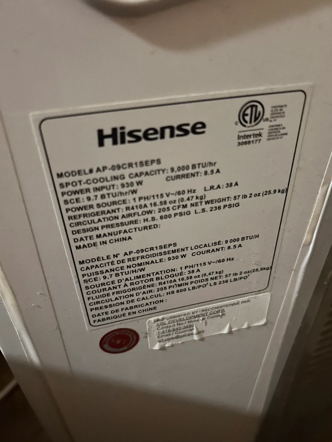 Hisense AP-09CR1SEPS Portable Air Conditioner image indicator(2)