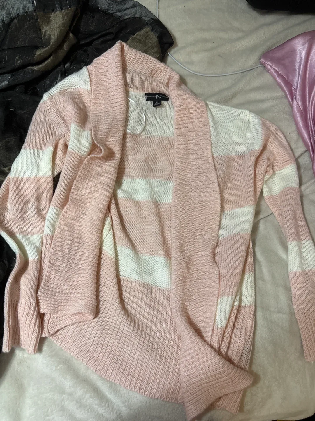 INC Pink & White Striped Cardigan thumbnail