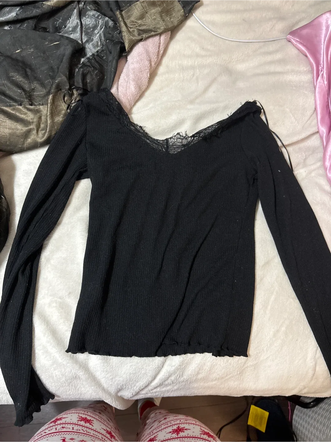 Forever 21 Black Lace Trim Long Sleeve Top thumbnail