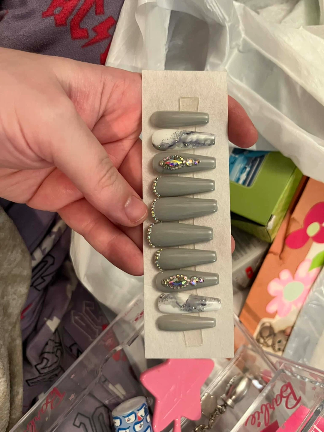 Grey Press On Nails with Rhinestones