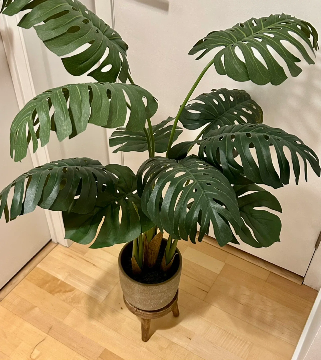 Faux Monstera Plant with Pot and Wooden Stand