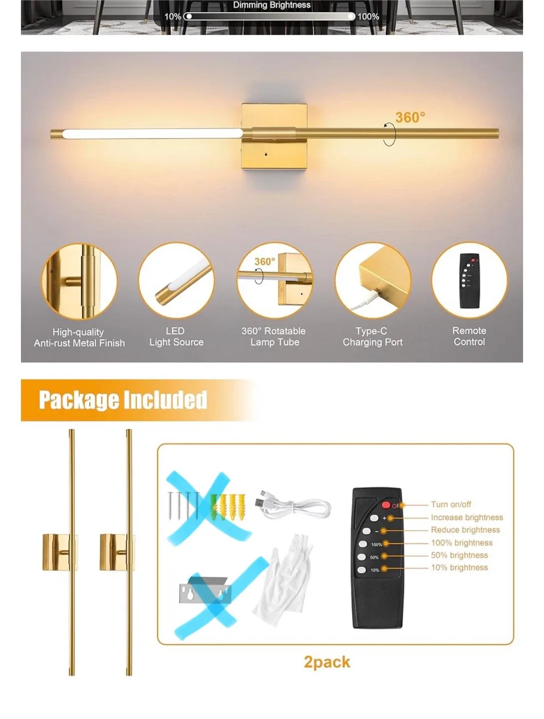 40” Wall Sconces Light Fixtures Rechargeable - Gold image indicator(5)