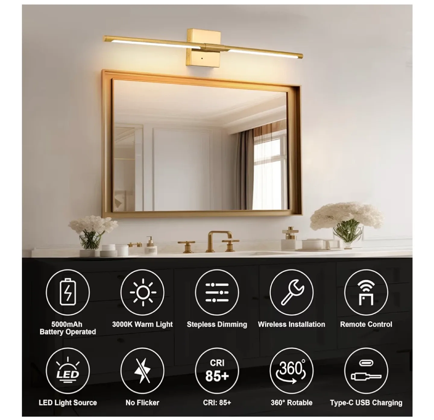 40” Wall Sconces Light Fixtures Rechargeable - Gold image indicator(4)