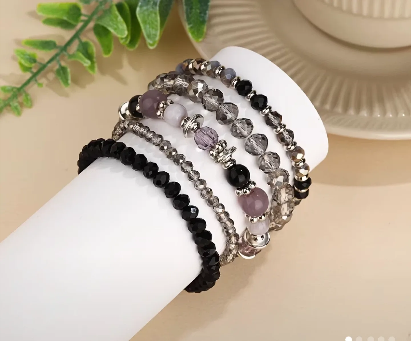 Beaded Bracelet Set - Black, Grey, Purple