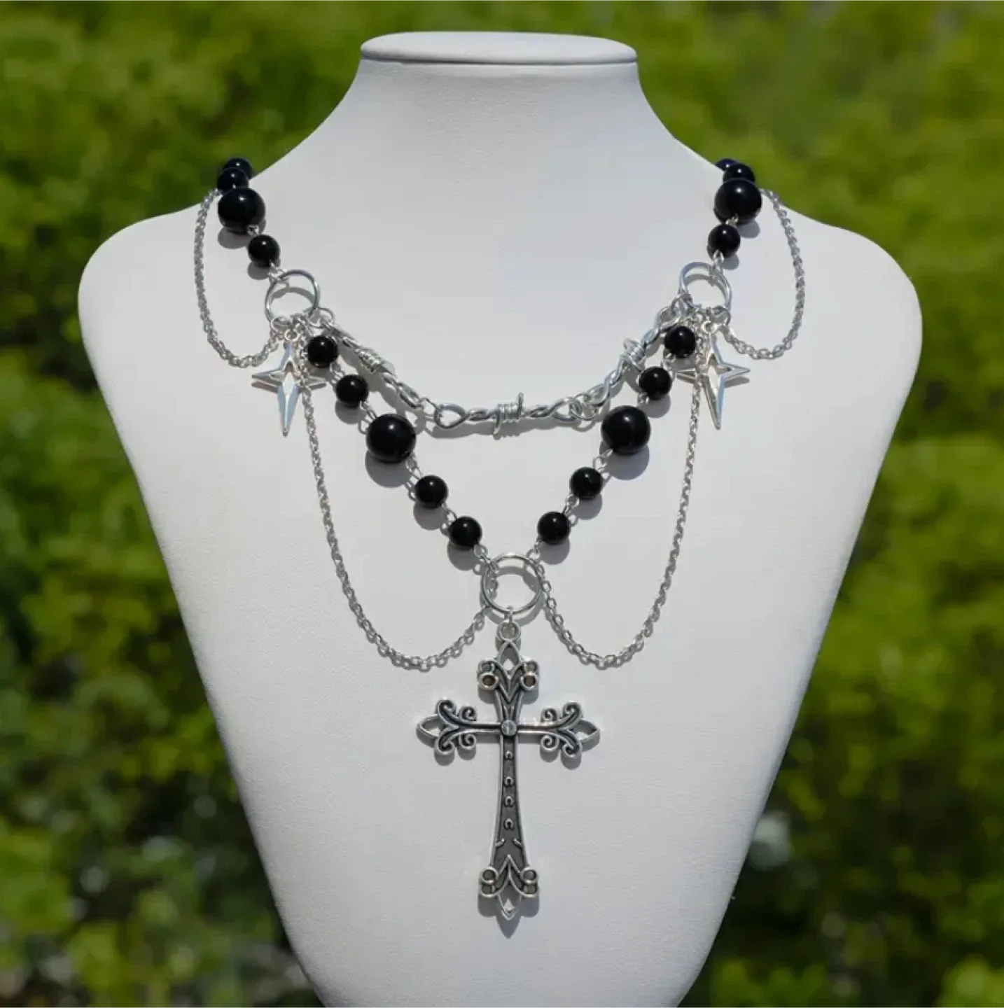 Cross Pendant Necklace with Black Beads