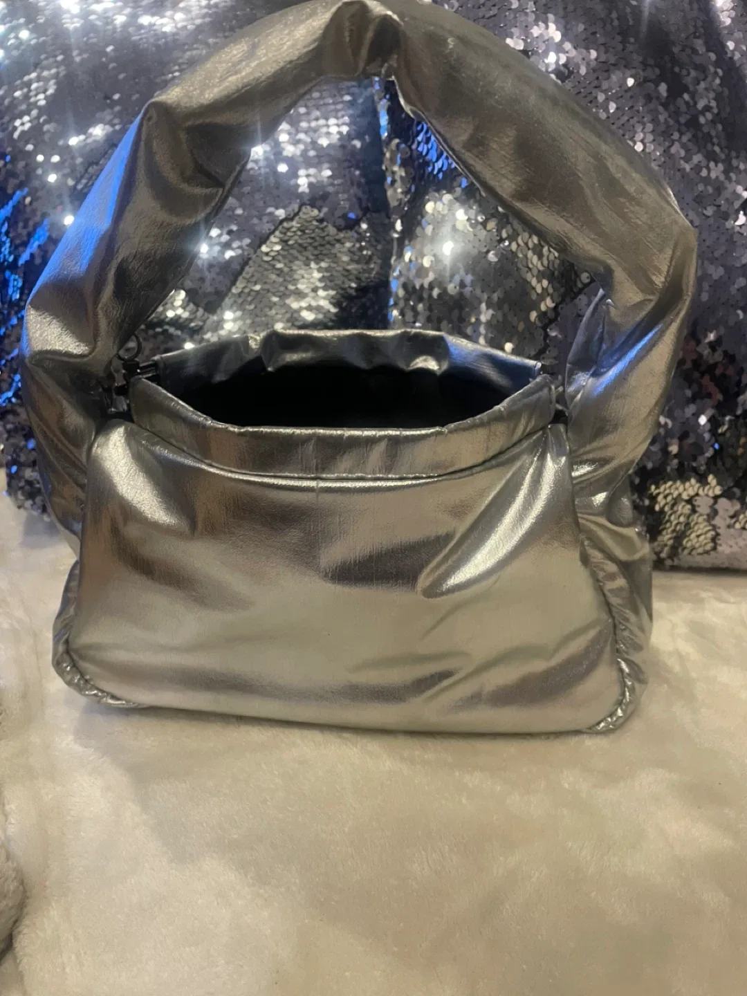 Silver Metallic Padded Shoulder Bag