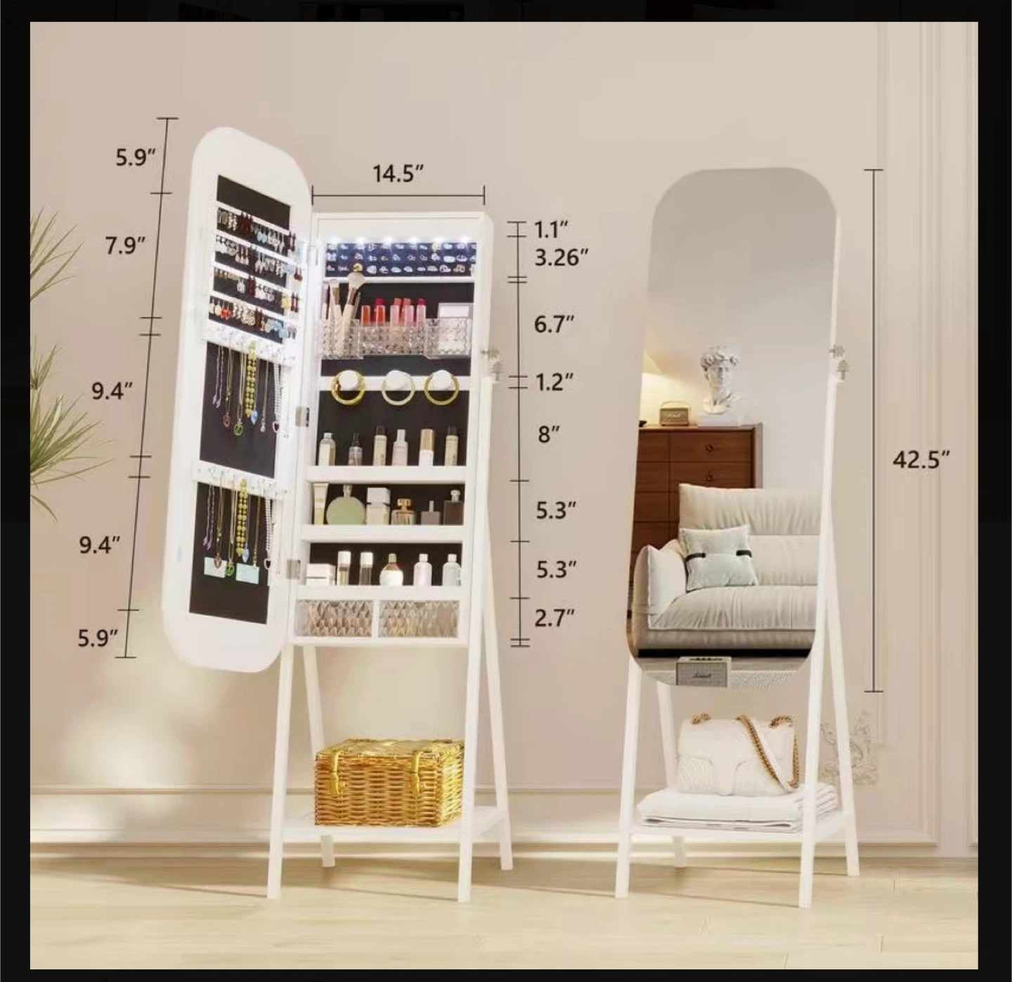 Miuvanity LED Mirror Jewelry Cabinet, White - photo 5
