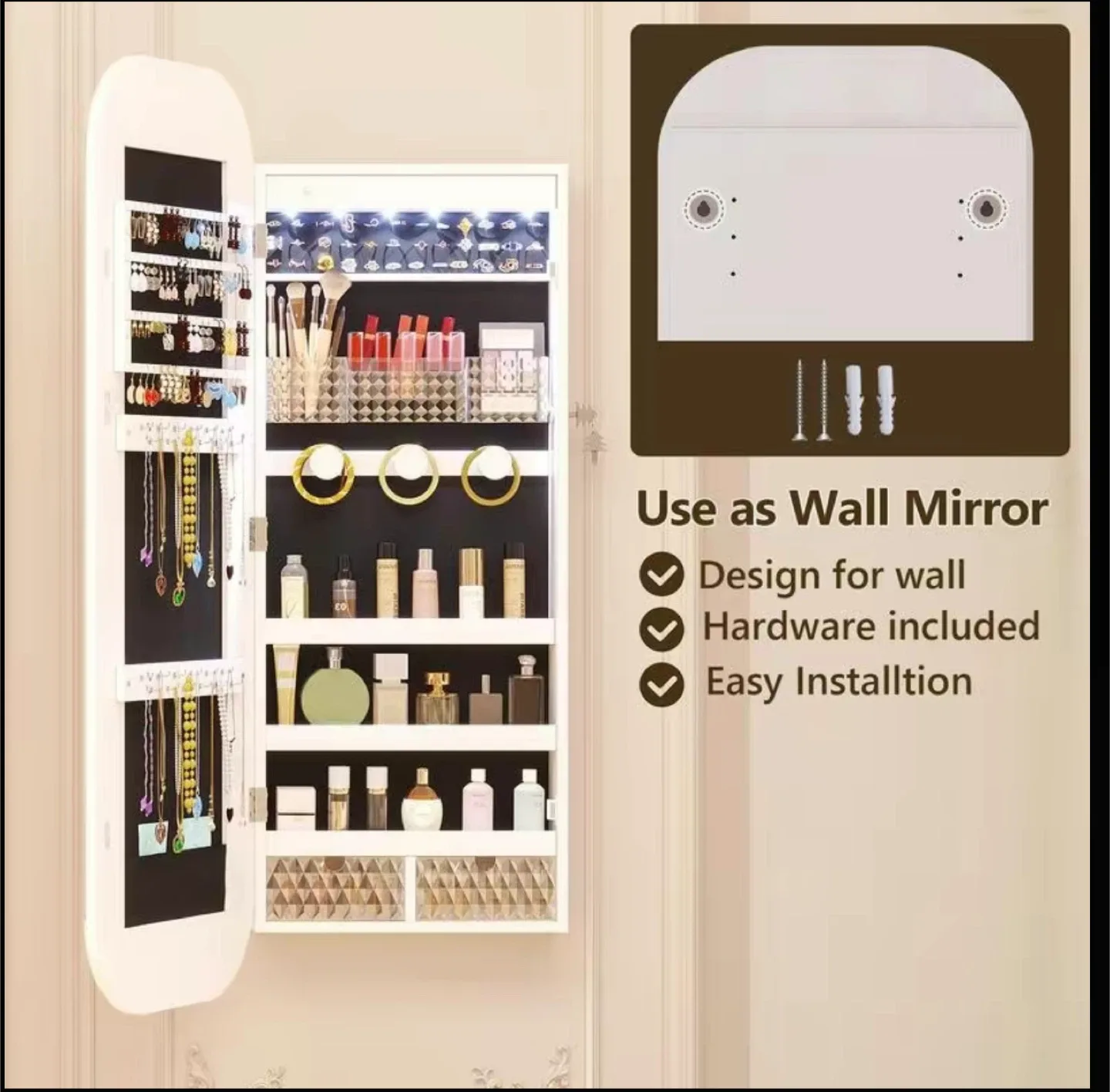 Miuvanity LED Mirror Jewelry Cabinet, White image indicator(7)