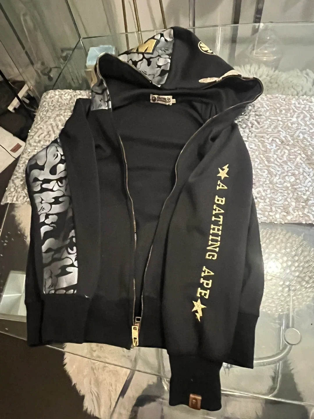 Bathing Ape (BAPE) Black and gold Zip-Up Hoodie broken zipper image indicator(3)