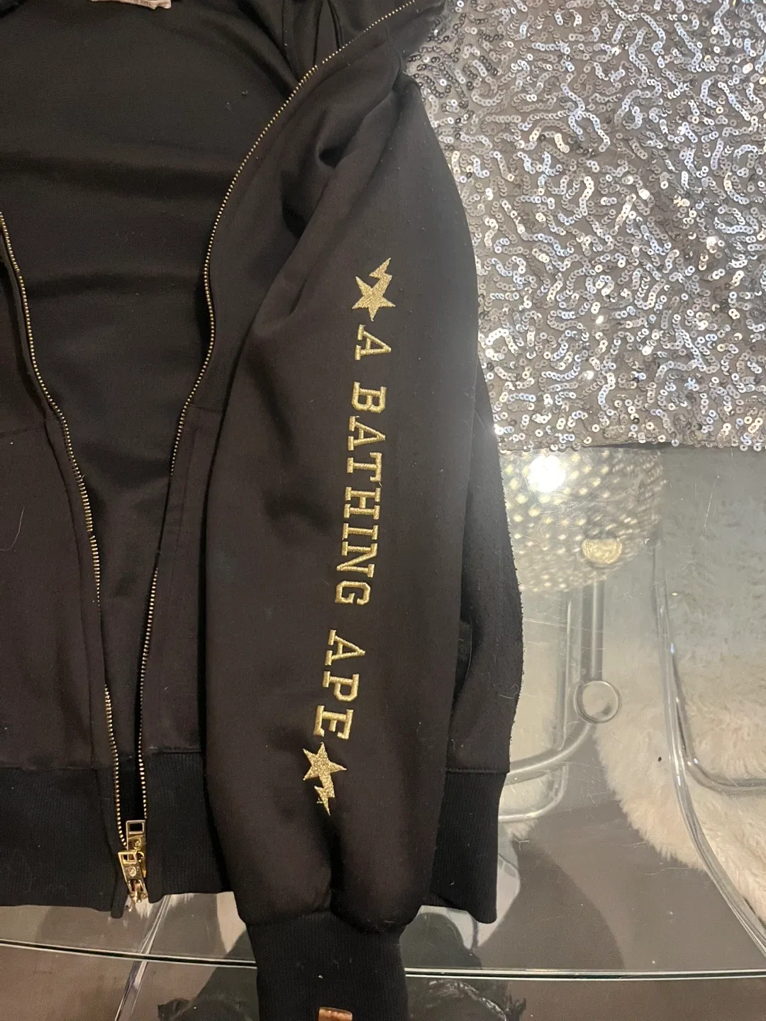 Bathing Ape (BAPE) Black and gold Zip-Up Hoodie broken zipper image indicator(4)