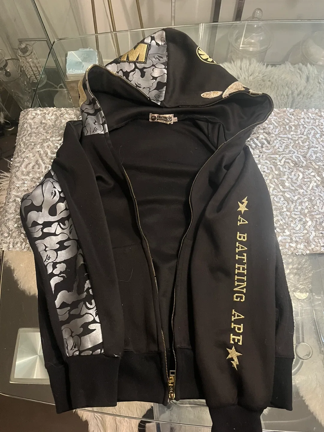 Bathing Ape (BAPE) Black and gold Zip-Up Hoodie broken zipper image indicator(2)